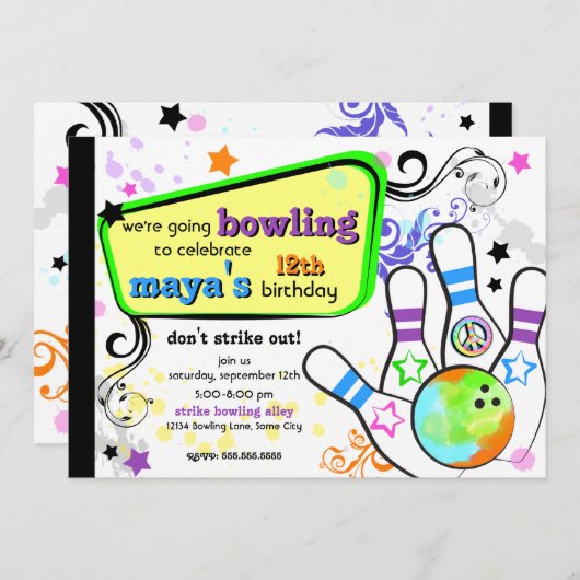 Hip en Colorful Bowling Invitation Kaart (Voorkant / Achterkant)