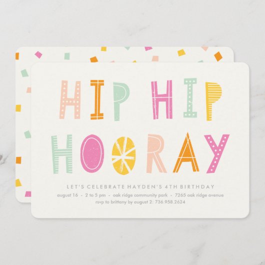 Hip Hip Hooray Birthday Uitnodiging - Sinaasappel (Voorkant / Achterkant)