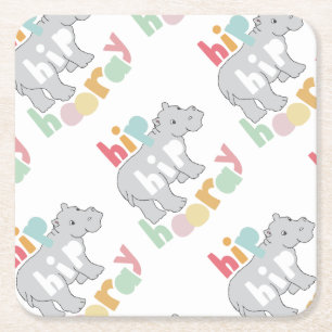 Hip Hip Hooray Gray Hippo Tekening Kartonnen Onderzetters