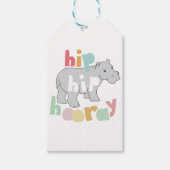Hip Hip Hooray Grijs Hippo Tekening Leuke Dierlijk Cadeaulabel (Voorkant)