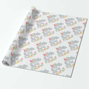 Hip Hip Hooray Grijs Hippo Tekening Leuke Dierlijk Cadeaupapier