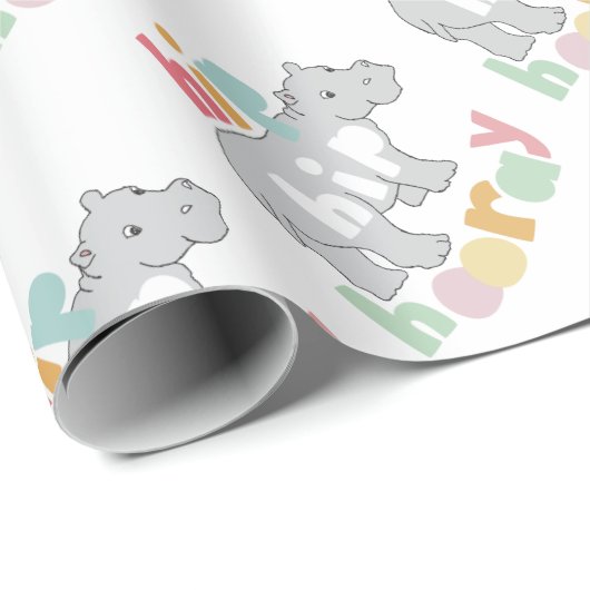 Hip Hip Hooray Grijs Hippo Tekening Leuke Dierlijk Cadeaupapier (Rol Hoek)