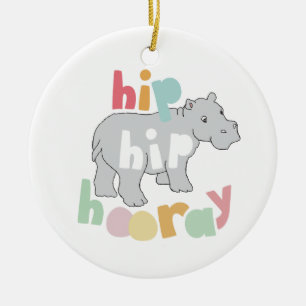 Hip Hip Hooray Grijs Hippo Tekening Leuke Dierlijk Keramisch Ornament