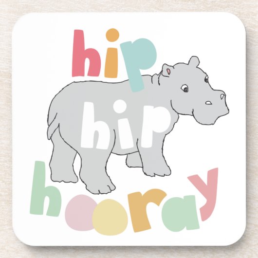 Hip Hip Hooray Grijs Hippo Tekening Leuke Dierlijk Onderzetter (Voorkant)