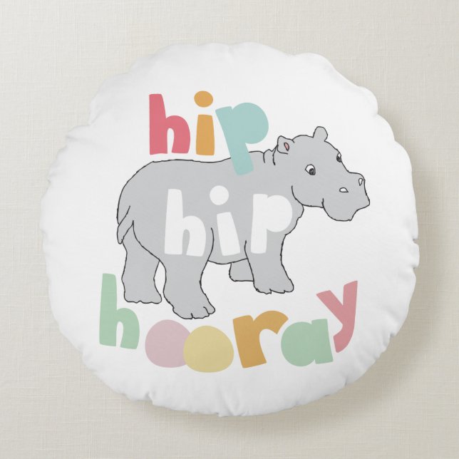 Hip Hip Hooray Grijs Hippo Tekening Leuke Dierlijk Rond Kussen (Voorkant)