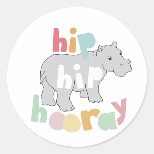 Hip Hip Hooray Grijs Hippo Tekening Leuke Dierlijk Ronde Sticker (Voorkant)