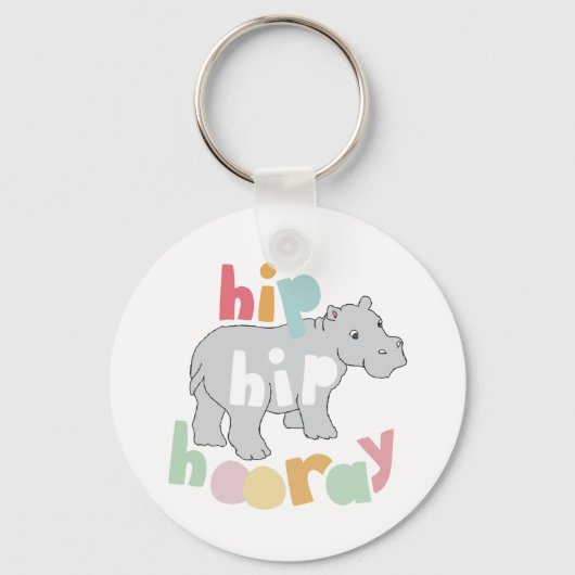Hip Hip Hooray Grijs Hippo Tekening Leuke Dierlijk Sleutelhanger (Voorkant)