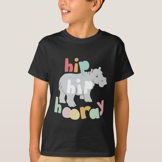 Hip Hip Hooray Grijs Hippo Tekening Leuke Dierlijk T-shirt (Voorkant)