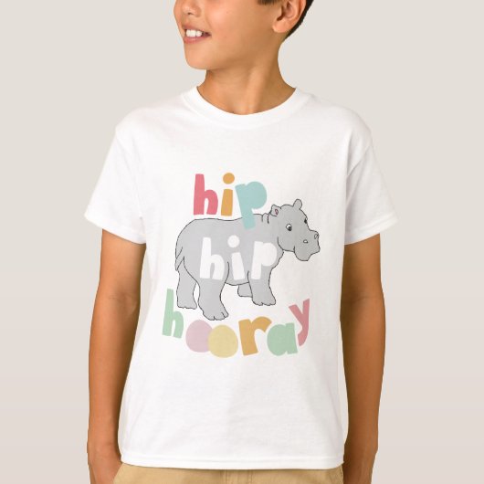 Hip Hip Hooray Grijs Hippo Tekening Leuke Dierlijk T-shirt (Voorkant)