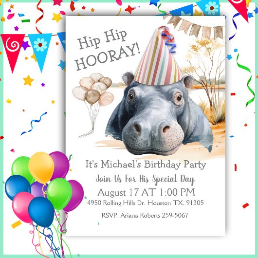 Hip Hip Hooray Hippo Birthday Kaart