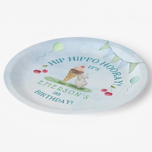 Hip Hippo Hoera verjaardagsfeestje Papieren Bordje (Gekanteld)
