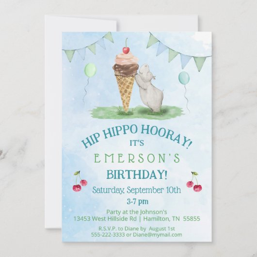 Hip Hippo Hoera verjaardagsfeestje uitnodiging (Voorkant)