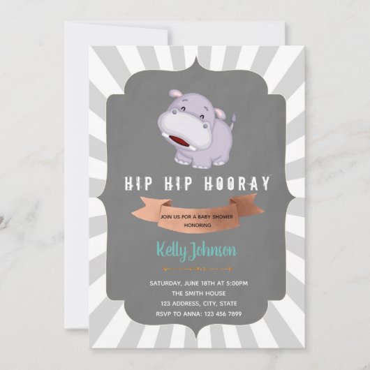 Hip hippo horay baby shower uitnodiging (Voorkant)