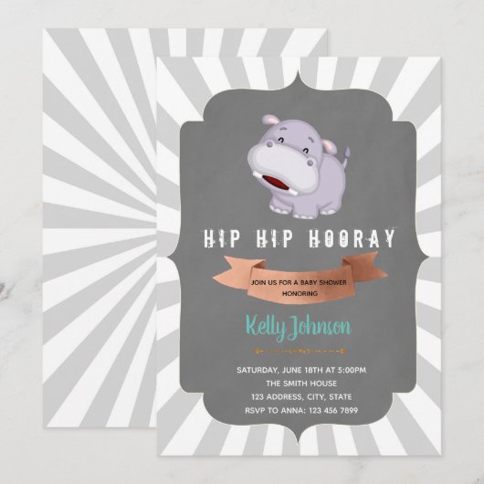 Hip hippo horay baby shower uitnodiging (Voorkant / Achterkant)