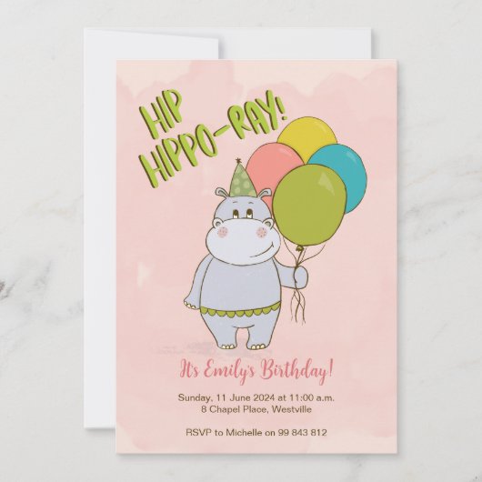 Hip Hippo-Ray Kids Verjaardag Uitnodiging (Voorkant)