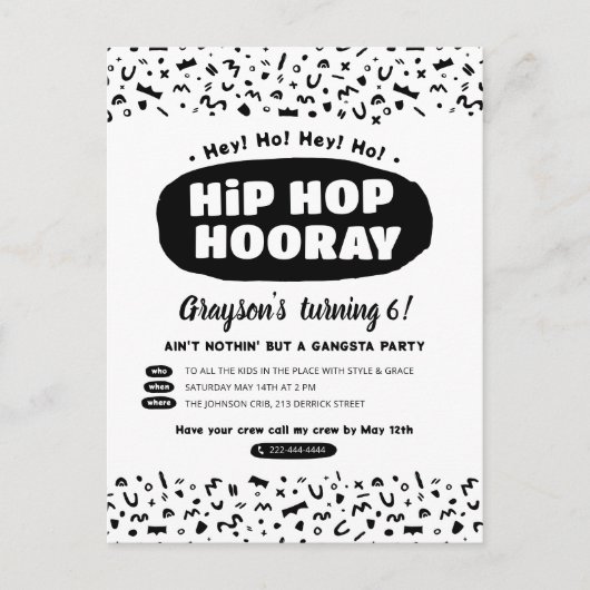 Hip Hop Hooray Verjaardag, 90s Ouderwetse Rap-teks Uitnodiging Briefkaart (Voorkant)