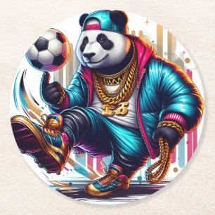 Hip Hop Panda Voetbal Zomer Sporten Ronde Kartonnen Onderzetter