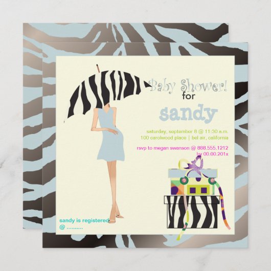 HIP MAMA, SILVERY BLUE ZEBRA BABY SHOWER INVITEERT KAART (Voorkant / Achterkant)