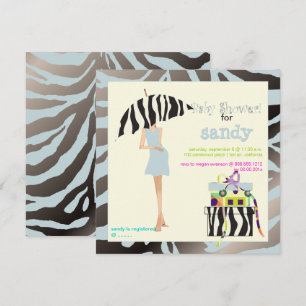 HIP MAMA, SILVERY BLUE ZEBRA BABY SHOWER INVITEERT KAART