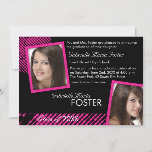 Hip n Stylish - Hot Pink Afstuderen Invitation Kaart (Voorkant)