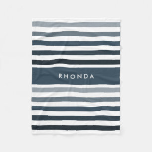 Hip Ombre Stripes Pattern met naam in Deep Blue Fleece Deken