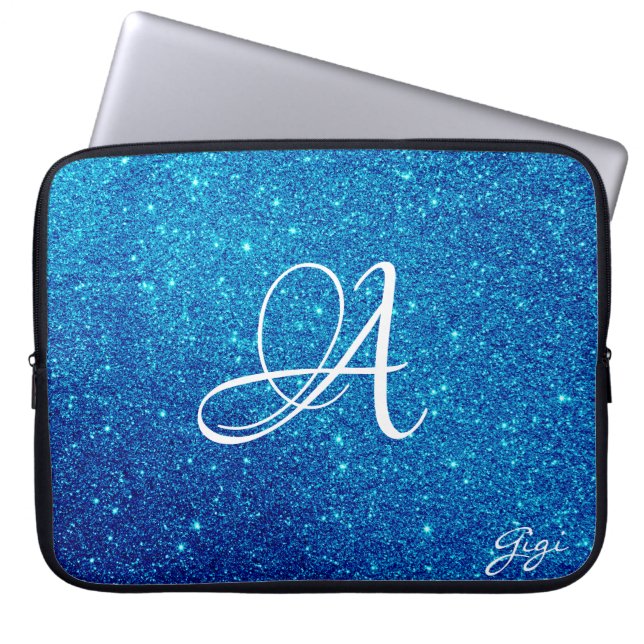 Hip Personalized blue Glitter Sparkles monogrammed Laptop Sleeve (Voorkant)