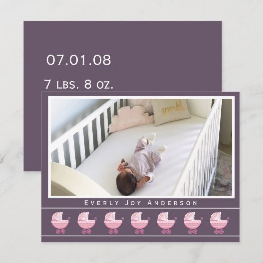 Hip Retro Roze Baby Buggy Baby Meisje Foto Aankondigingskaart (Voorkant / Achterkant)