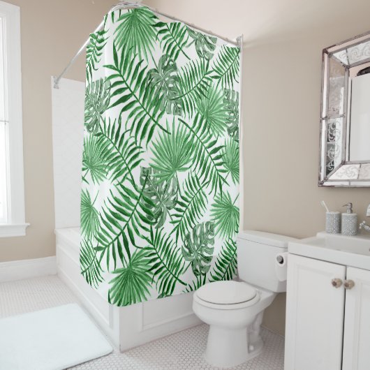 Hip Retro Tropical Green Palm Leafs Pattern Douchegordijn (In situ)