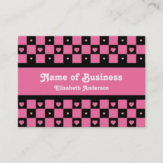 Hip Roze en Zwarte Harten Stijlvol Checker Patroon Visitekaartje (Voorkant)