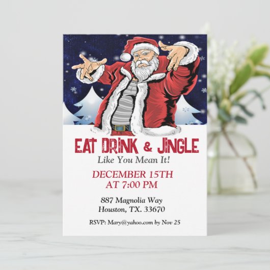Hip Santa, eet Drink en Jingle Kaart (Staand voorkant)