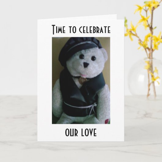 HIP TEDDY ZEGT VIER ONZE LIEFDE = JUBILEUM KAART (Gele Bloem)