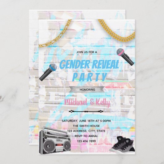 Hiphop gender onthult disco-dansuitnodiging kaart (Voorkant / Achterkant)