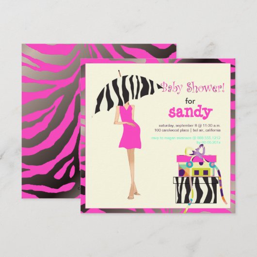 HIPPE MAMA, ZILVEREN ROZE ZEBRA BABYSHOWER UITNODI KAART (Voorkant / Achterkant)