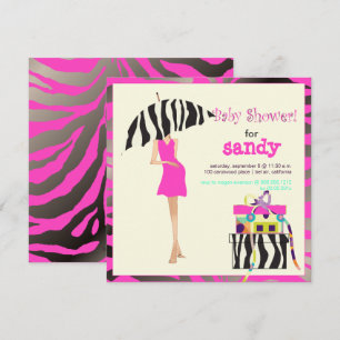 HIPPE MAMA, ZILVEREN ROZE ZEBRA BABYSHOWER UITNODI KAART