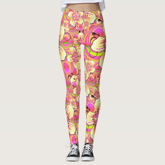 hippe roze bloempatroon leggings (Voorkant)
