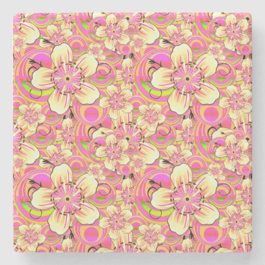 hippe roze bloempatroon stenen onderzetter (Voorkant)