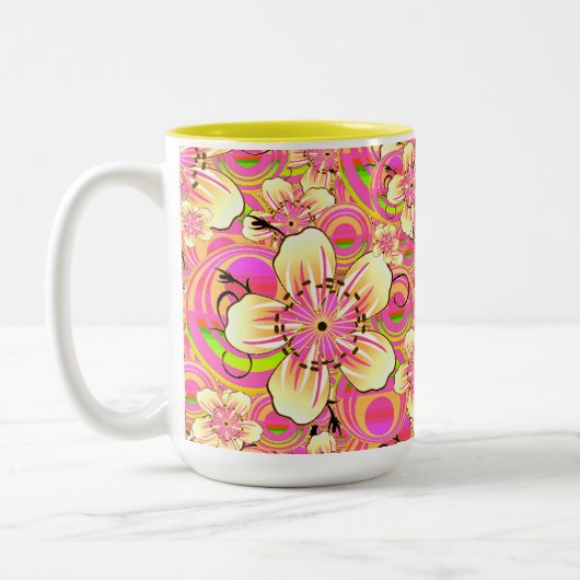 hippe roze bloempatroon tweekleurige koffiemok (Links)