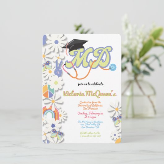 Hippie 60's 70's Doctor MD Afstuderen Uitnodiging (Staand voorkant)