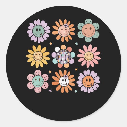 Hippie 60s 70s Smile Gezicht Flower Groovy CH Ronde Sticker (Voorkant)