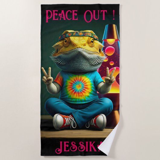 Hippie Bearded Dragon Peace Retro Custom  Strandlaken (Voorkant)