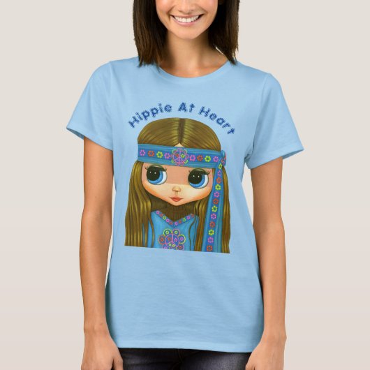 Hippie bij Heart Cute Big Eye Blue Hippie Chick T-shirt (Voorkant)