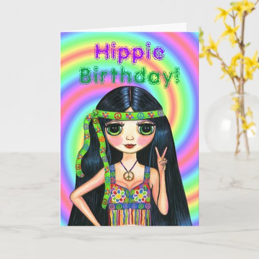 Hippie Birthday! Cute Psychedelic Hippie Girl Kaart (Gele Bloem)