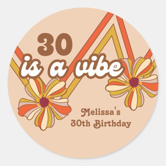 Hippie Bloem Retro 70s Zigzag 30e Verjaardag Ronde Sticker (Voorkant)