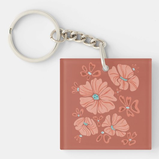 Hippie Blooms: Abstracte Red Flower Power kunstwer Sleutelhanger (voorkant)