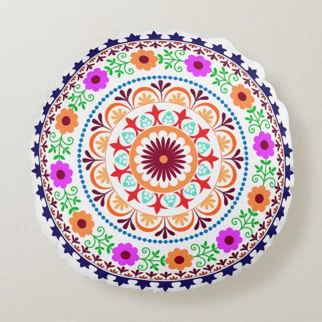 Hippie bohemienbloemontwerp rond kussen-wit kussen (Voorkant)