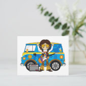 Hippie Boy met Guitar & Camper Van Briefkaart (Staand voorkant)