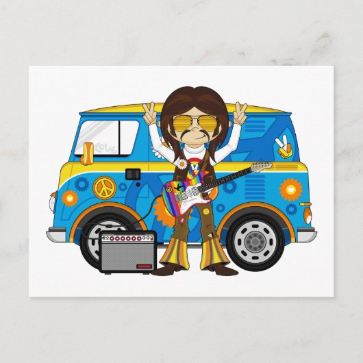 Hippie Boy met Guitar & Camper Van Briefkaart (Voorkant)