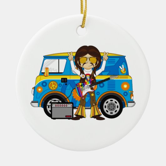 Hippie Boy met Guitar & Camper Van Keramisch Ornament (Voorkant)