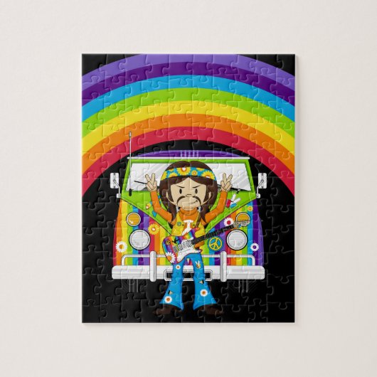 Hippie Boy met Guitar & Camper Van Legpuzzel (Verticaal)