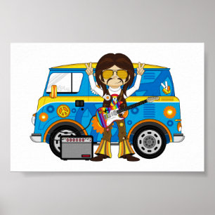 Hippie Boy met Guitar & Camper Van Poster